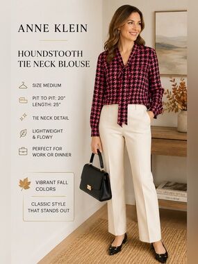Anne Klein Pink & Black Houndstooth Tie Neck Blouse – Size Medium
